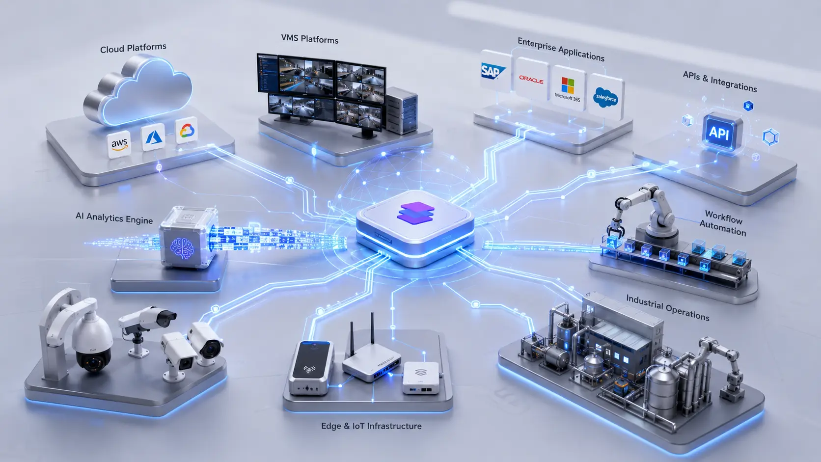 Variphi integration hub connecting enterprise systems, cloud platforms, VMS, and APIs